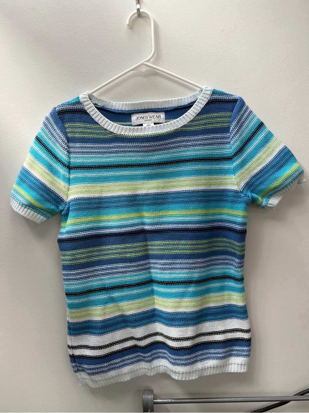 Jones Wear Short Sleeve Knit Top in Blue & Green Stripe
